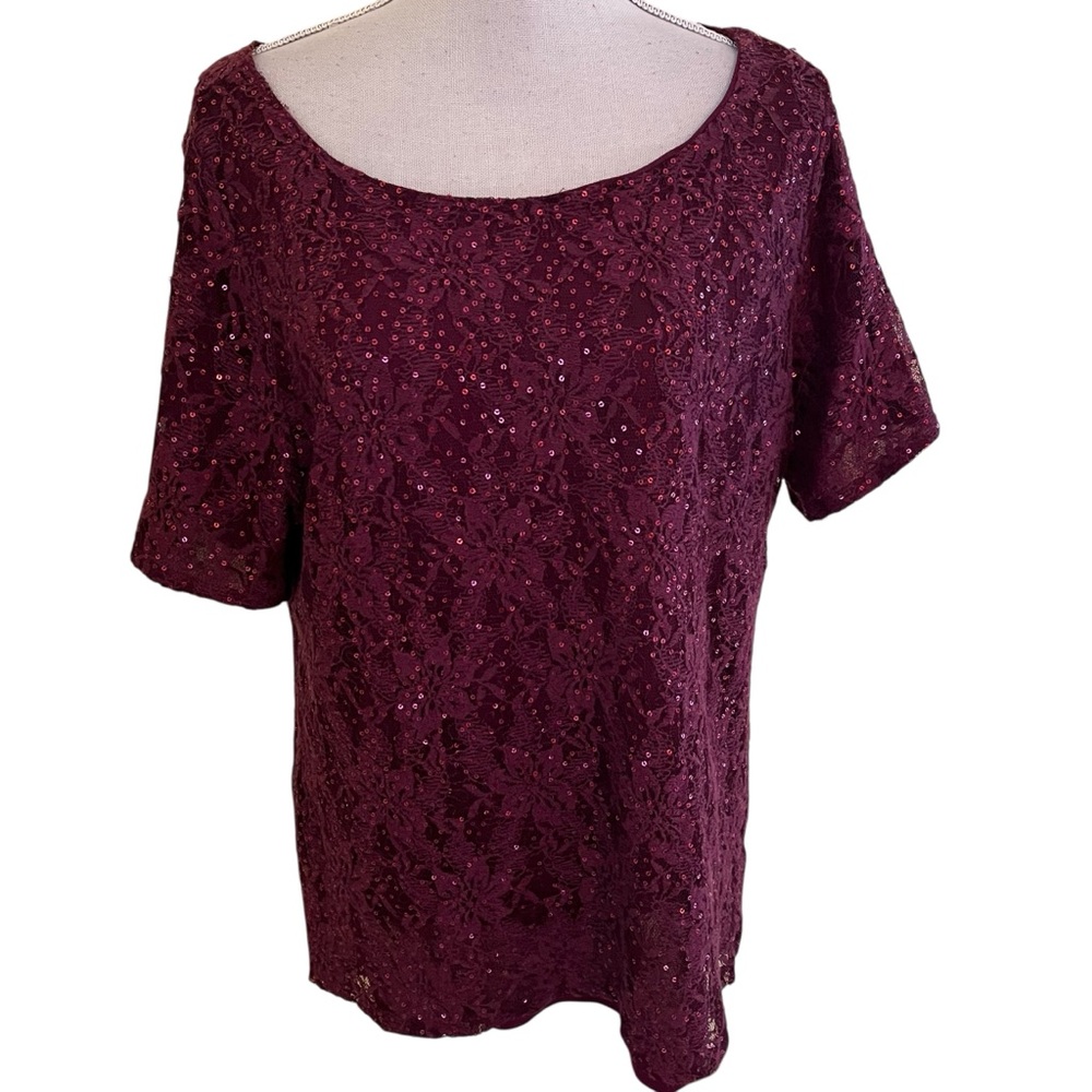 INC International Concepts Burgundy Short Sleeve Top with Lace with Sequins 2X